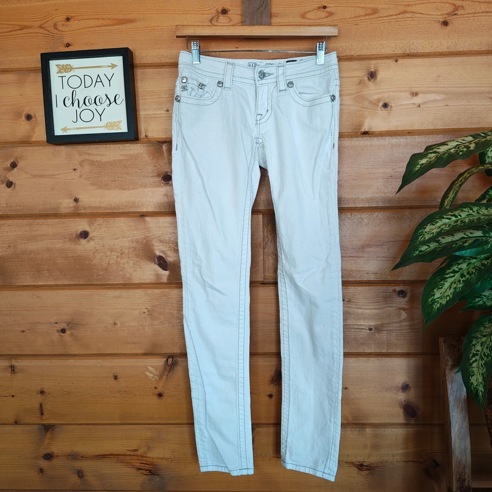 Miss Me Skinny Jean White Floral Embroider Bling Stretch Western Sz 25(26") x30"